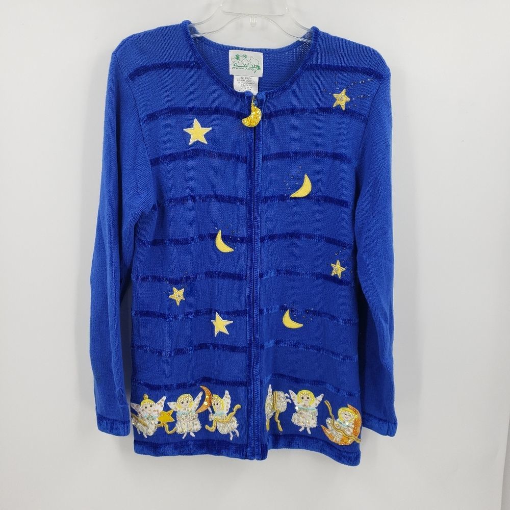 The Quacker Factory Womens M blue gold embellished Sweater button Cardigan